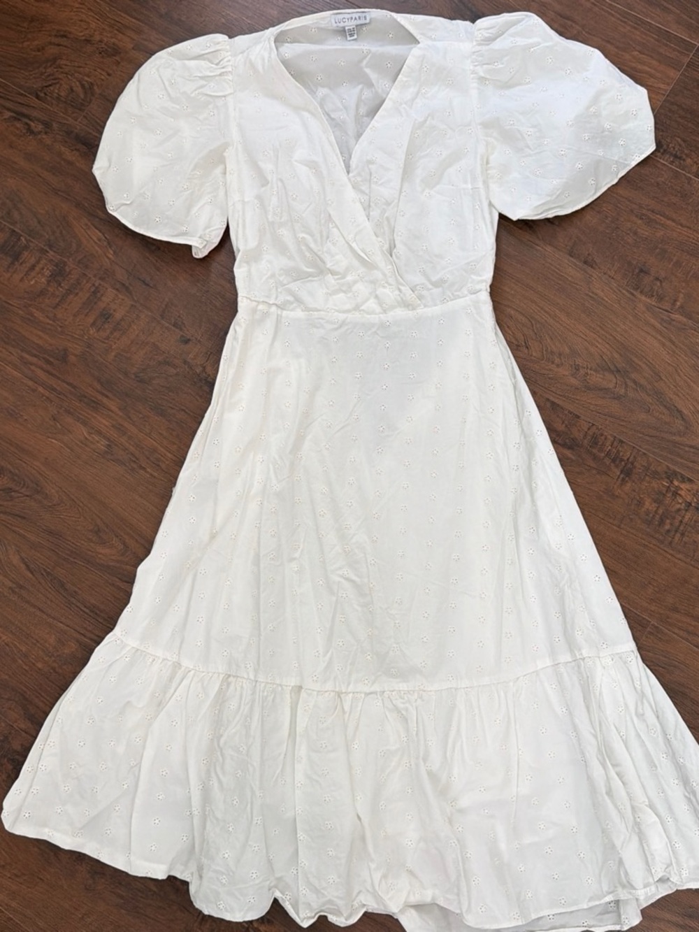 Lucy Paris White Eyelet Puff-Sleeve Surplice Midi Dress